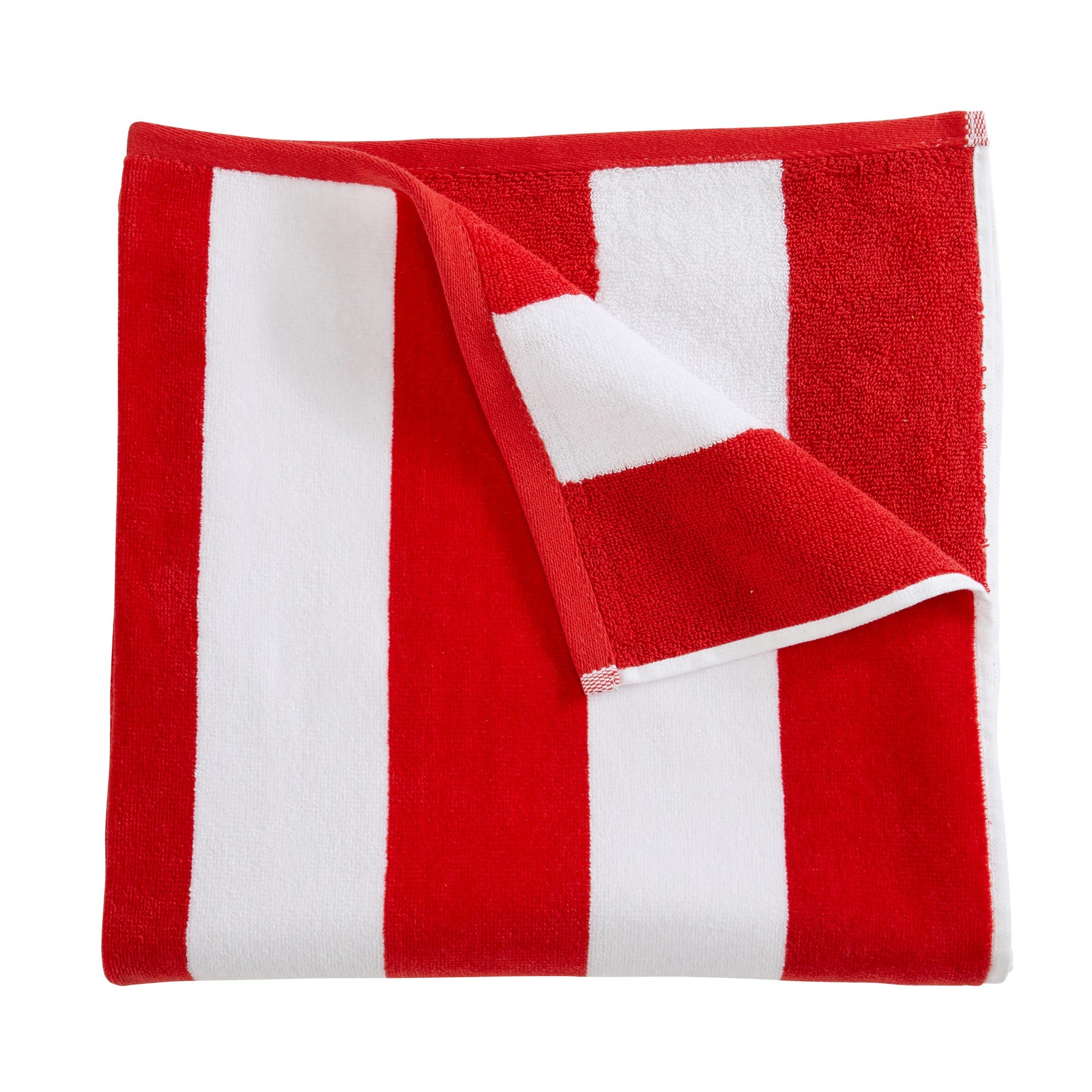 Marina Collection cotton cabana stripe beach towels in assorted colors and sizes, featuring classic striped designs and soft, absorbent 100% cotton velour construction, shown folded, stacked, and styled for poolside and beach use.