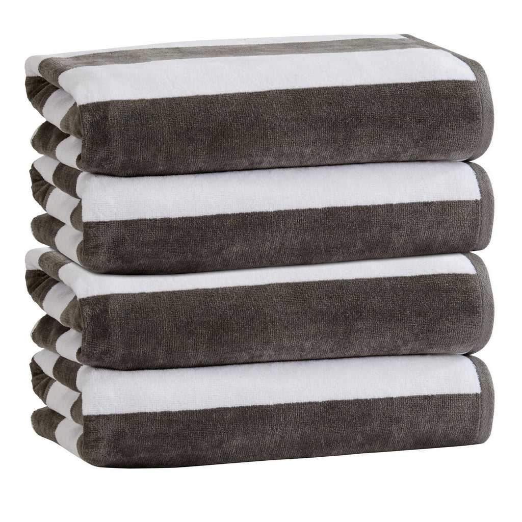 Marina Collection cotton cabana stripe beach towels in assorted colors and sizes, featuring classic striped designs and soft, absorbent 100% cotton velour construction, shown folded, stacked, and styled for poolside and beach use.