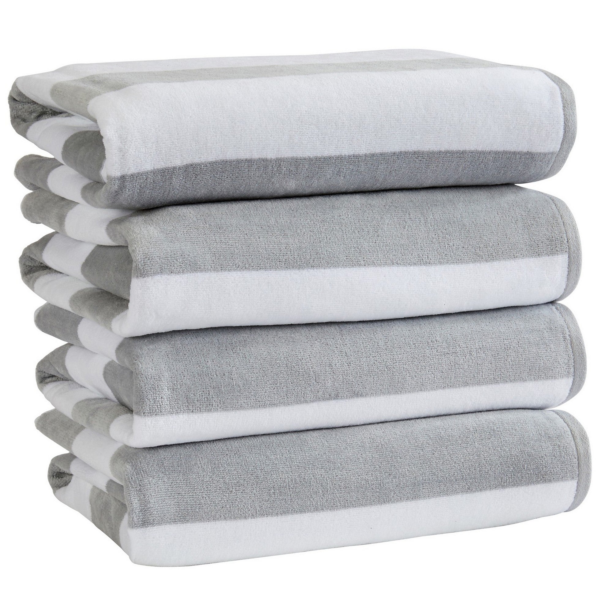 Marina Collection cotton cabana stripe beach towels in assorted colors and sizes, featuring classic striped designs and soft, absorbent 100% cotton velour construction, shown folded, stacked, and styled for poolside and beach use.