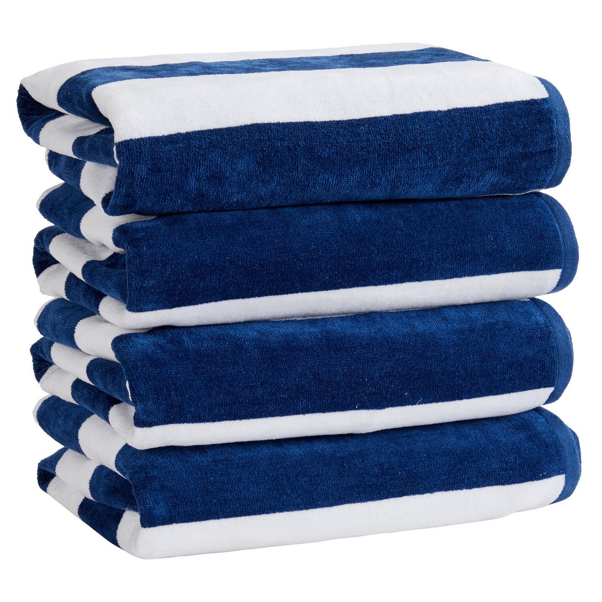 Marina Collection cotton cabana stripe beach towels in assorted colors and sizes, featuring classic striped designs and soft, absorbent 100% cotton velour construction, shown folded, stacked, and styled for poolside and beach use.