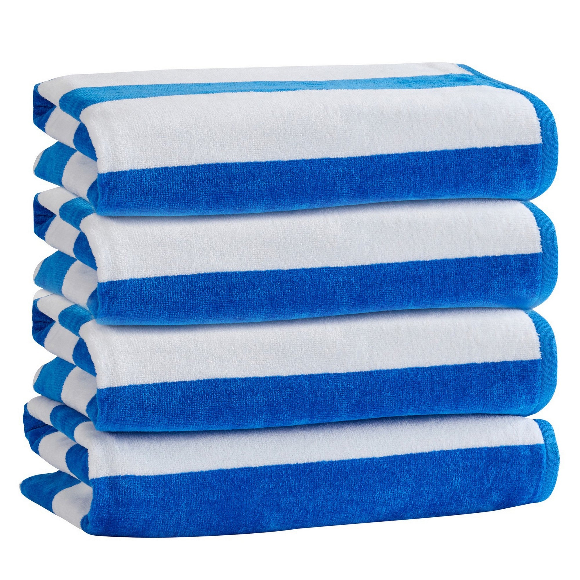 Marina Collection cotton cabana stripe beach towels in assorted colors and sizes, featuring classic striped designs and soft, absorbent 100% cotton velour construction, shown folded, stacked, and styled for poolside and beach use.