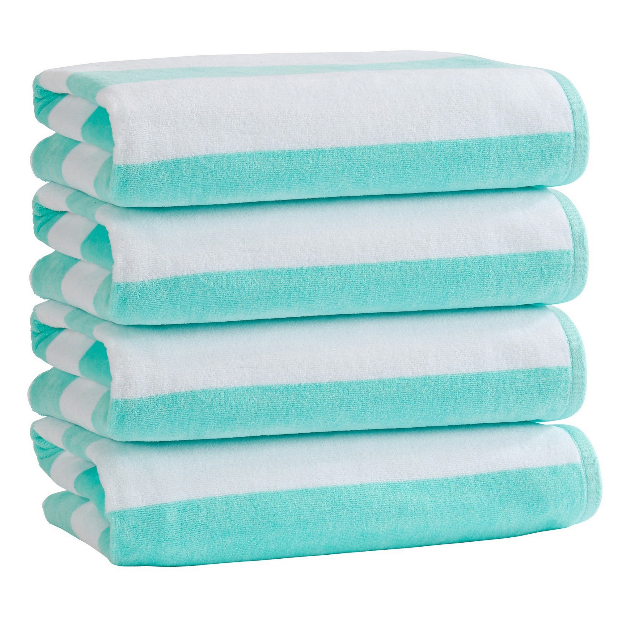 Marina Collection cotton cabana stripe beach towels in assorted colors and sizes, featuring classic striped designs and soft, absorbent 100% cotton velour construction, shown folded, stacked, and styled for poolside and beach use.