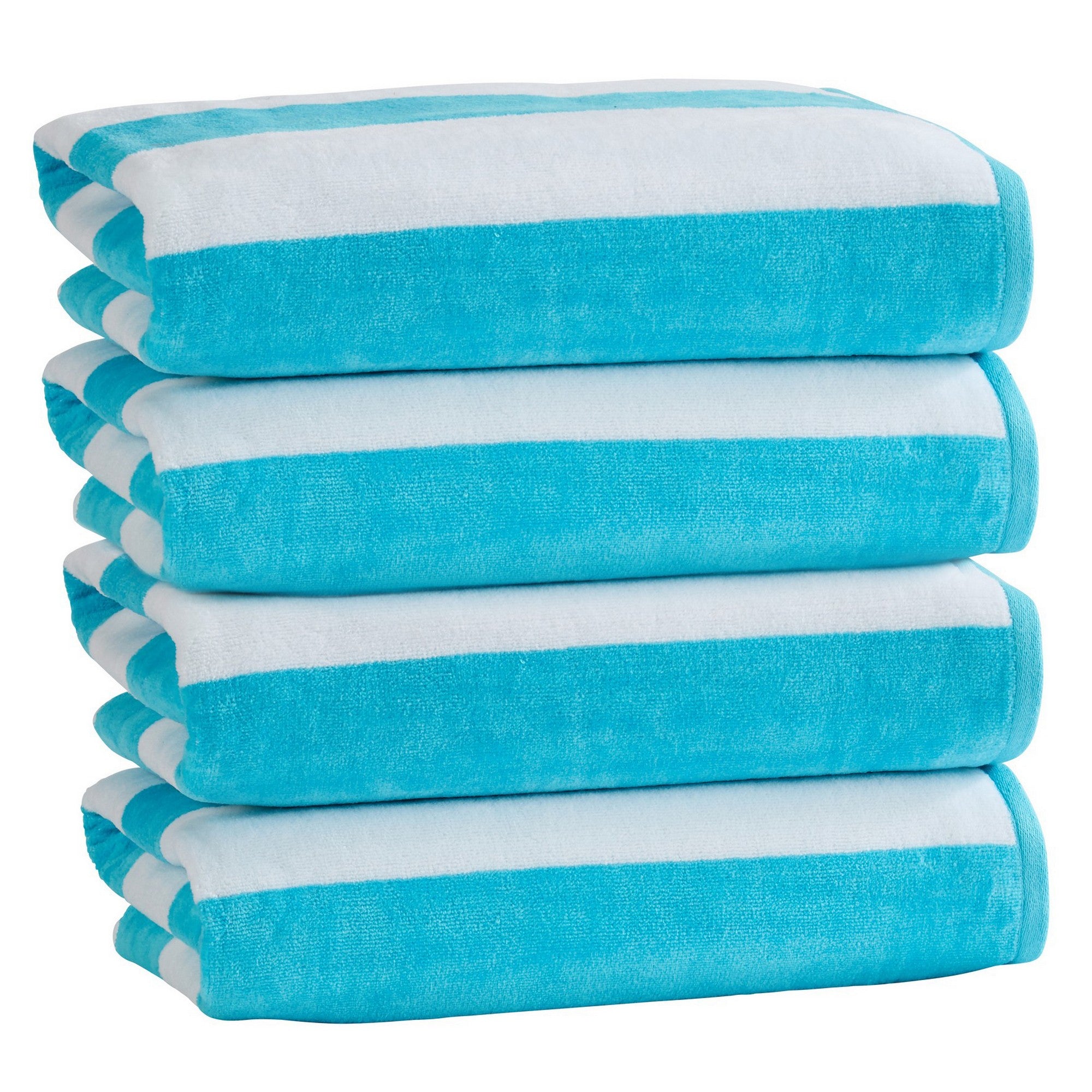 Marina Collection cotton cabana stripe beach towels in assorted colors and sizes, featuring classic striped designs and soft, absorbent 100% cotton velour construction, shown folded, stacked, and styled for poolside and beach use.