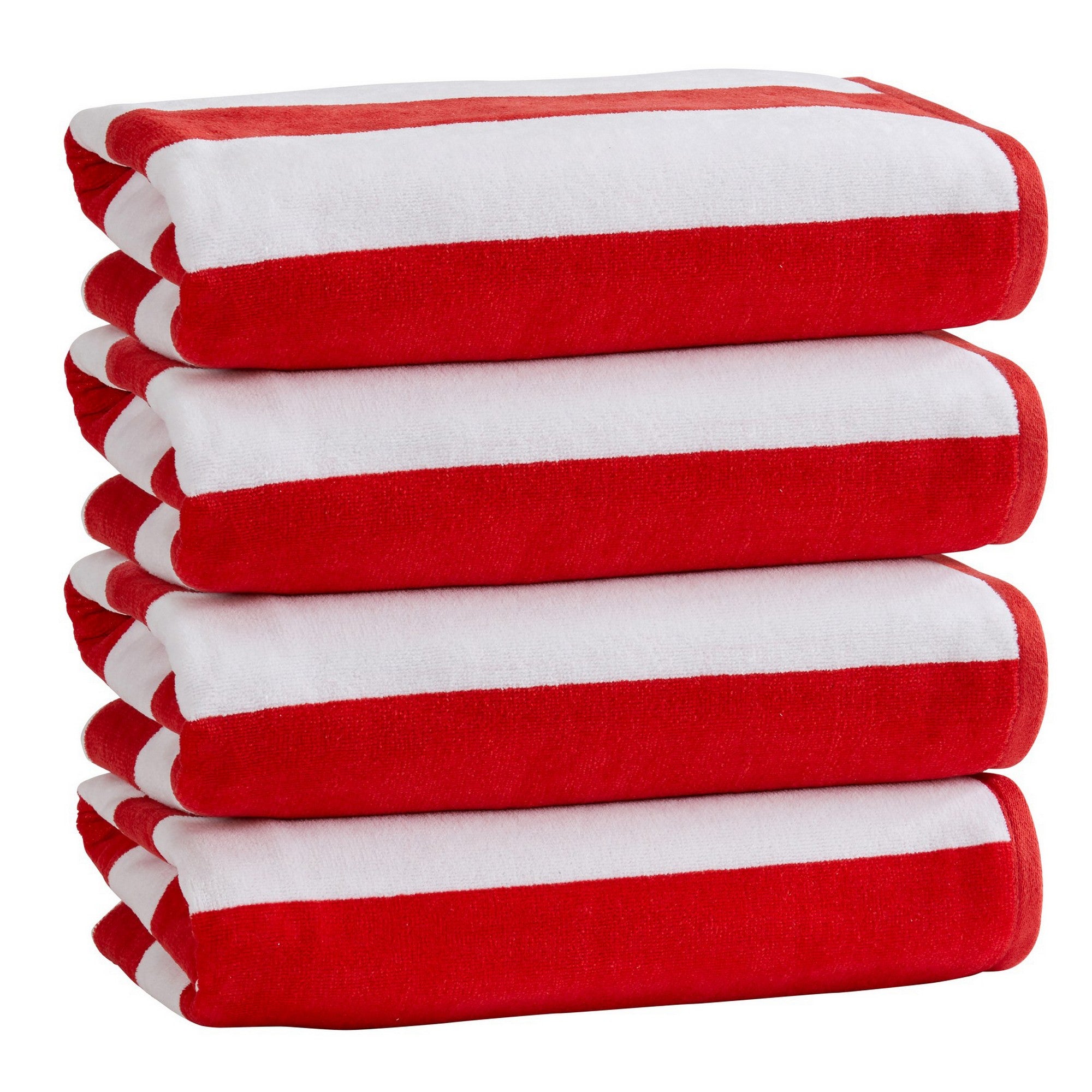 Marina Collection cotton cabana stripe beach towels in assorted colors and sizes, featuring classic striped designs and soft, absorbent 100% cotton velour construction, shown folded, stacked, and styled for poolside and beach use.