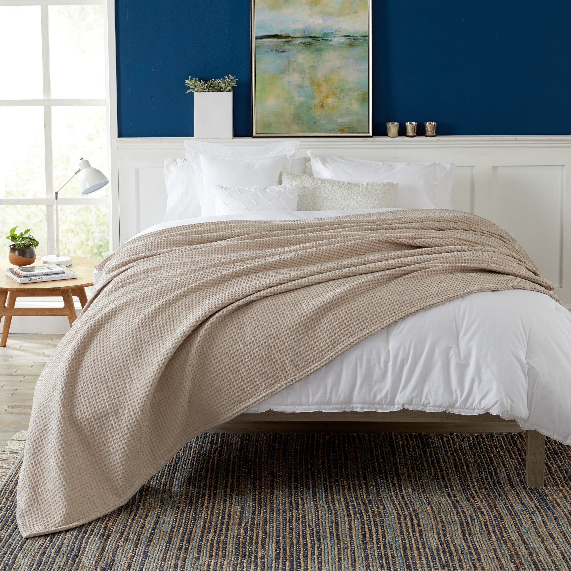 Brielle Collection Cotton Waffle Blanket by Market & Place featuring soft, breathable 100% cotton construction with a classic waffle weave texture. Available in multiple colors and shown folded, layered on beds, and in detailed fabric close-ups, highlighting its lightweight comfort and versatile year-round style.