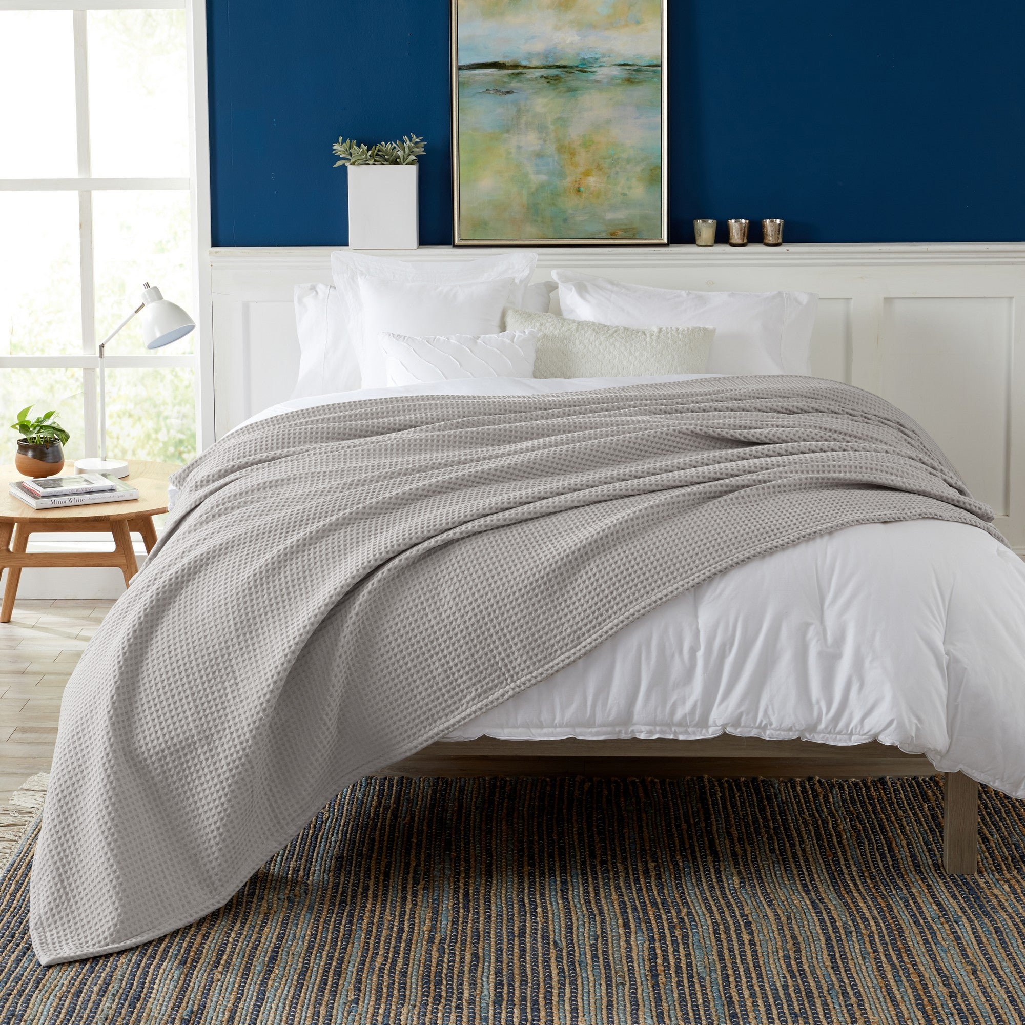 Brielle Collection Cotton Waffle Blanket by Market & Place featuring soft, breathable 100% cotton construction with a classic waffle weave texture. Available in multiple colors and shown folded, layered on beds, and in detailed fabric close-ups, highlighting its lightweight comfort and versatile year-round style.
