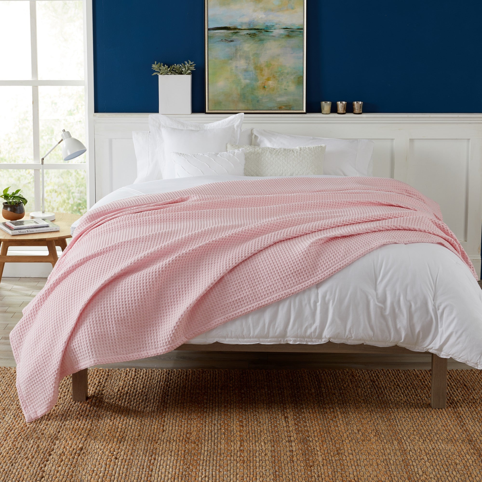 Brielle Collection Cotton Waffle Blanket by Market & Place featuring soft, breathable 100% cotton construction with a classic waffle weave texture. Available in multiple colors and shown folded, layered on beds, and in detailed fabric close-ups, highlighting its lightweight comfort and versatile year-round style.