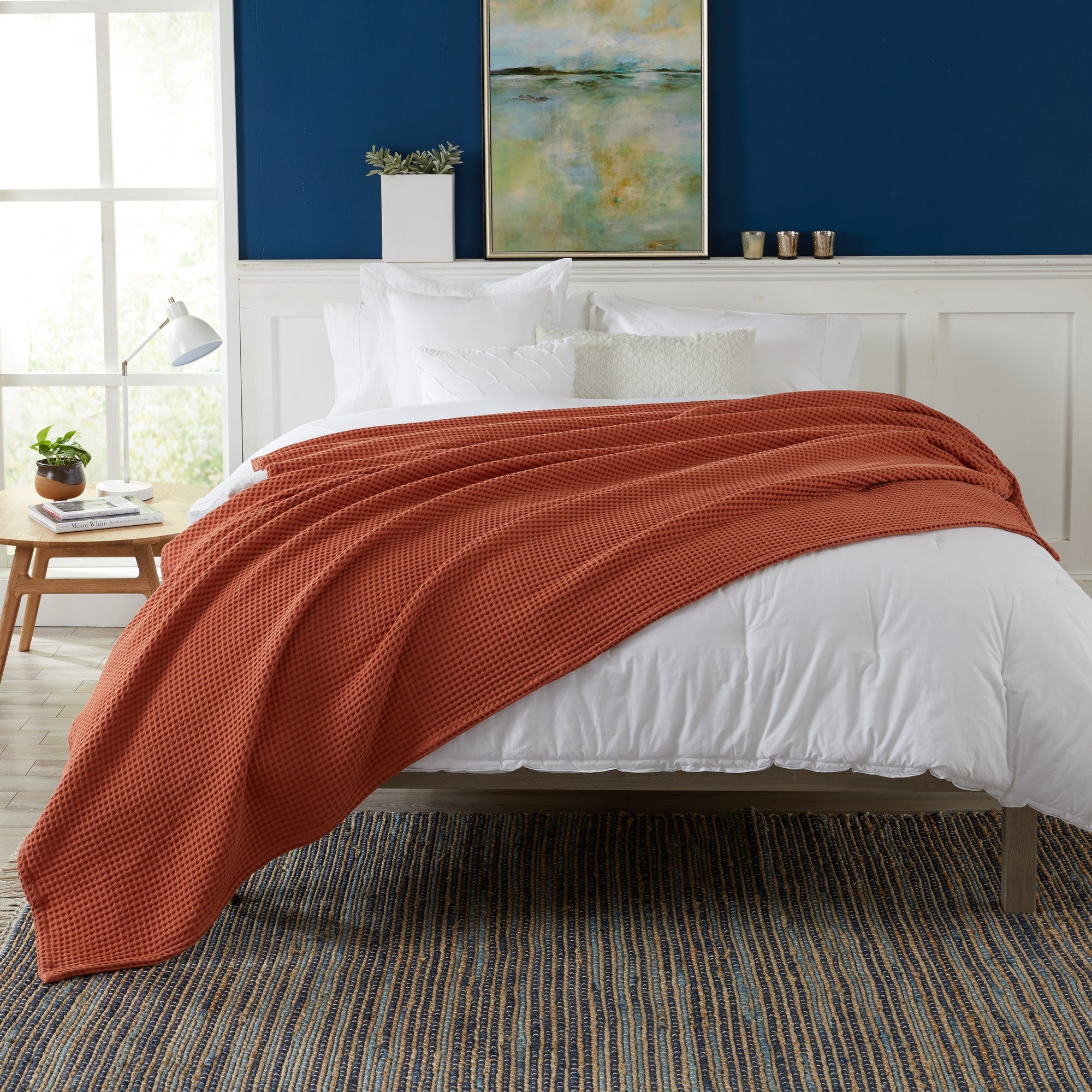 Brielle Collection Cotton Waffle Blanket by Market & Place featuring soft, breathable 100% cotton construction with a classic waffle weave texture. Available in multiple colors and shown folded, layered on beds, and in detailed fabric close-ups, highlighting its lightweight comfort and versatile year-round style.