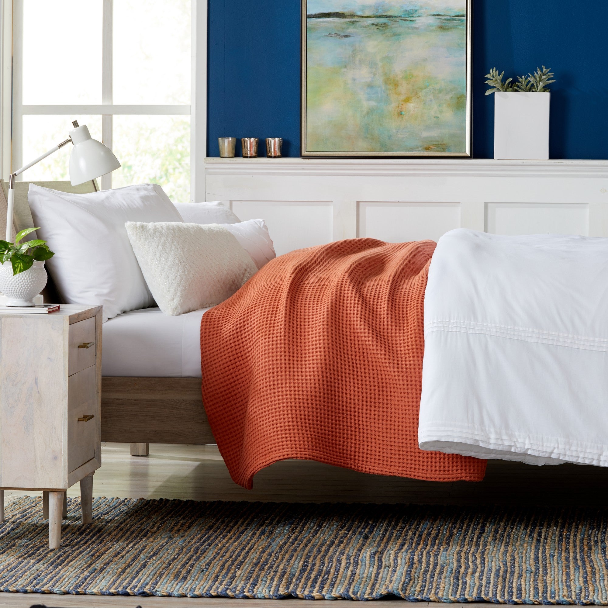 Brielle Collection Cotton Waffle Blanket by Market & Place featuring soft, breathable 100% cotton construction with a classic waffle weave texture. Available in multiple colors and shown folded, layered on beds, and in detailed fabric close-ups, highlighting its lightweight comfort and versatile year-round style.