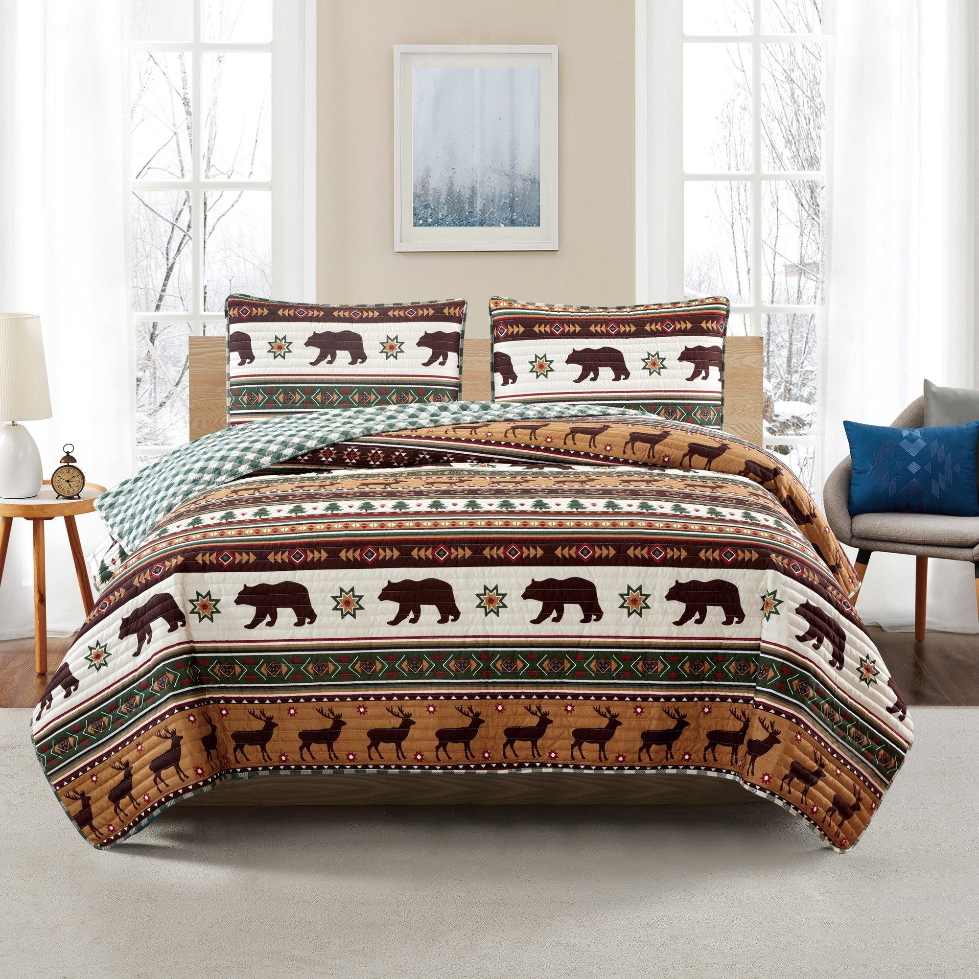 Cedar Creek Collection Lodge Quilt Set featuring rustic woodland-inspired patterns with bears, deer, trees, and plaid accents, shown in multiple colorways and styling views. Soft, reversible bedding with coordinating shams, displayed on beds and in close-up detail shots.