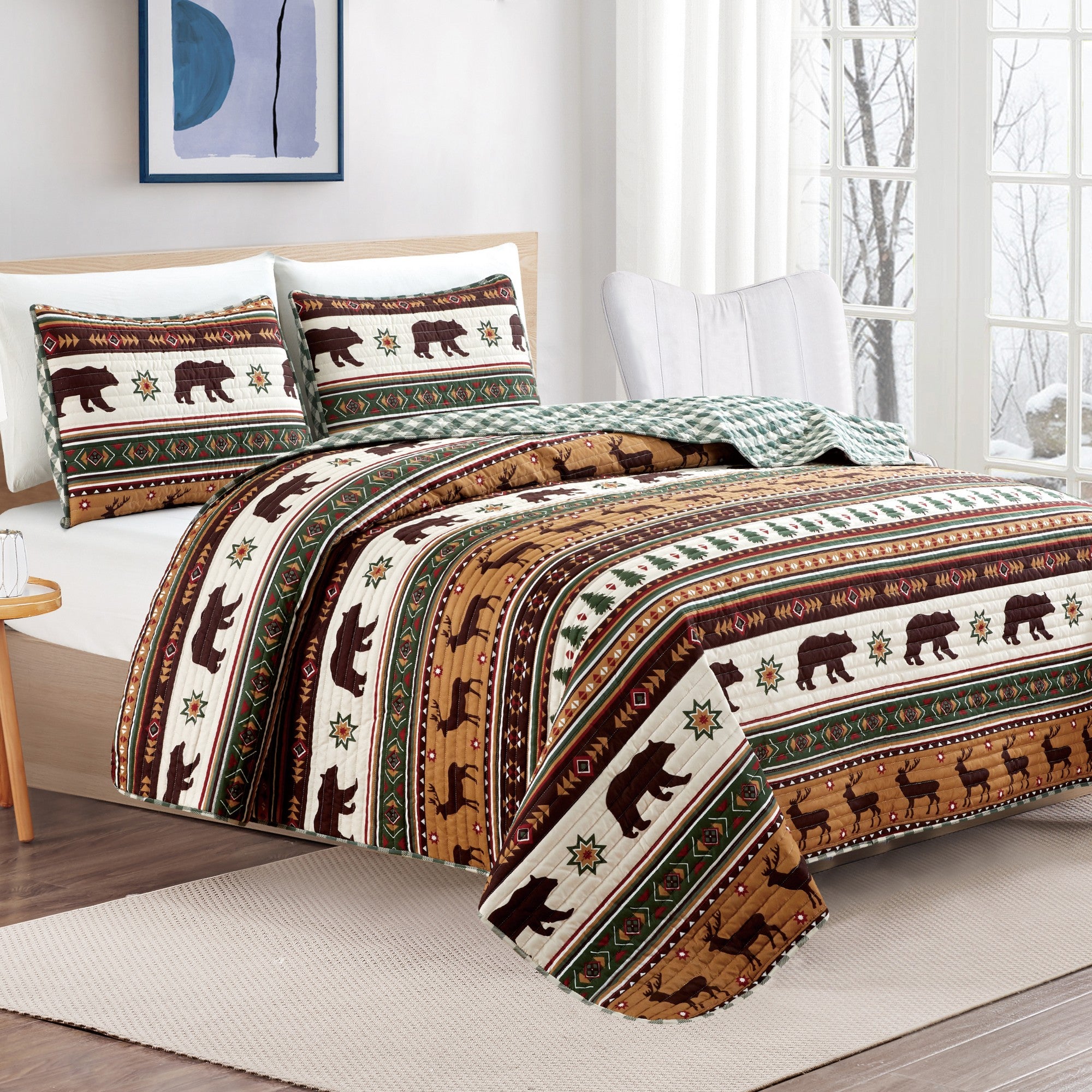 Cedar Creek Collection Lodge Quilt Set featuring rustic woodland-inspired patterns with bears, deer, trees, and plaid accents, shown in multiple colorways and styling views. Soft, reversible bedding with coordinating shams, displayed on beds and in close-up detail shots.