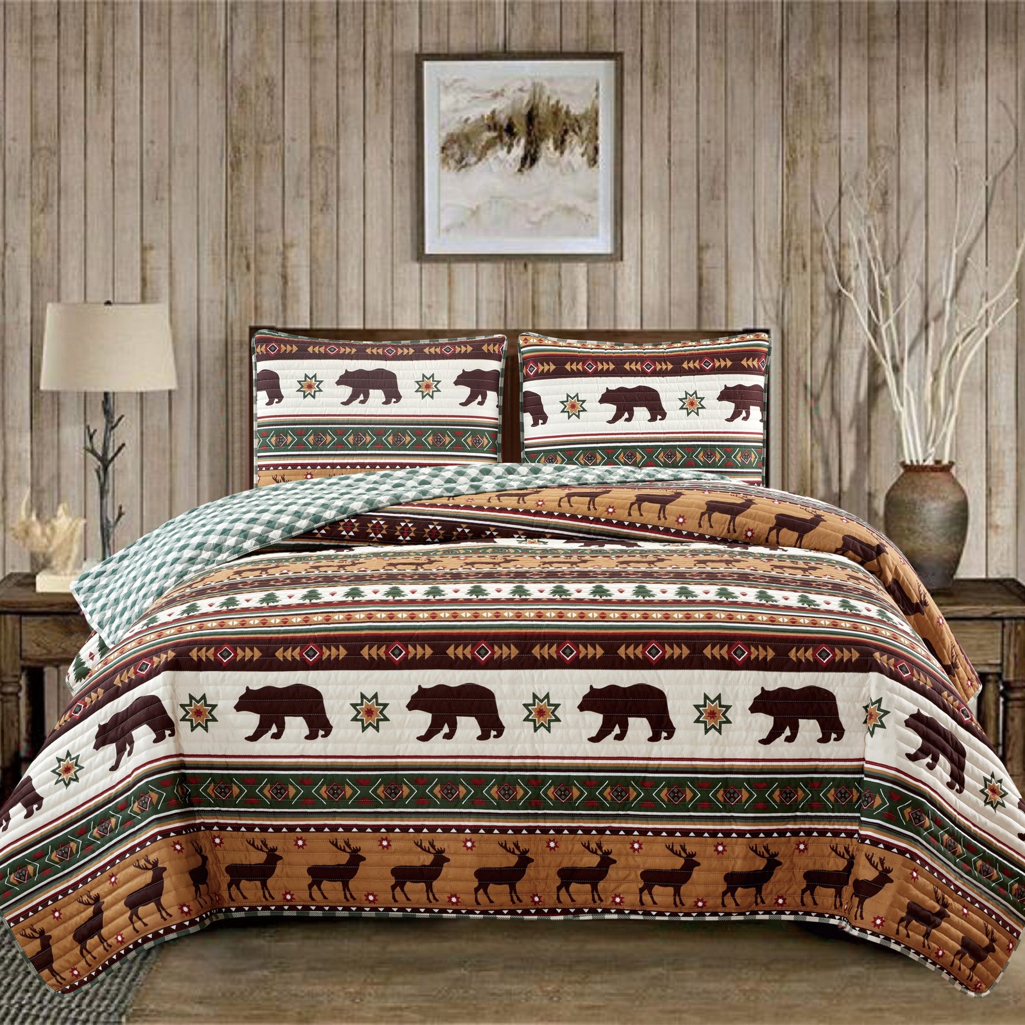 Cedar Creek Collection Lodge Quilt Set featuring rustic woodland-inspired patterns with bears, deer, trees, and plaid accents, shown in multiple colorways and styling views. Soft, reversible bedding with coordinating shams, displayed on beds and in close-up detail shots.