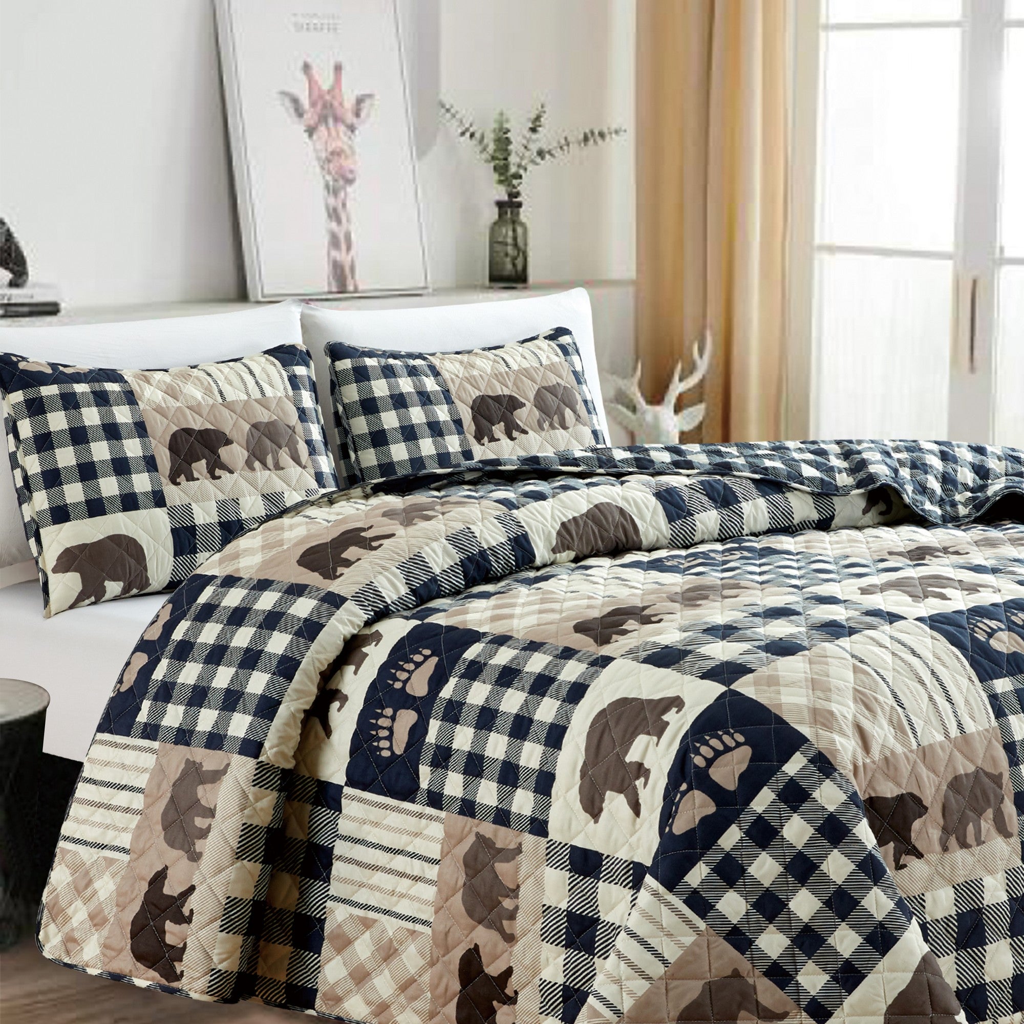 Orson Collection Lodge Quilt Set by Market & Place featuring soft microfiber construction and rustic lodge-inspired patchwork designs with plaid patterns and wildlife motifs. Coordinating shams and detailed fabric close-ups are shown in cozy bedroom settings, highlighting the reversible design and year-round comfort.