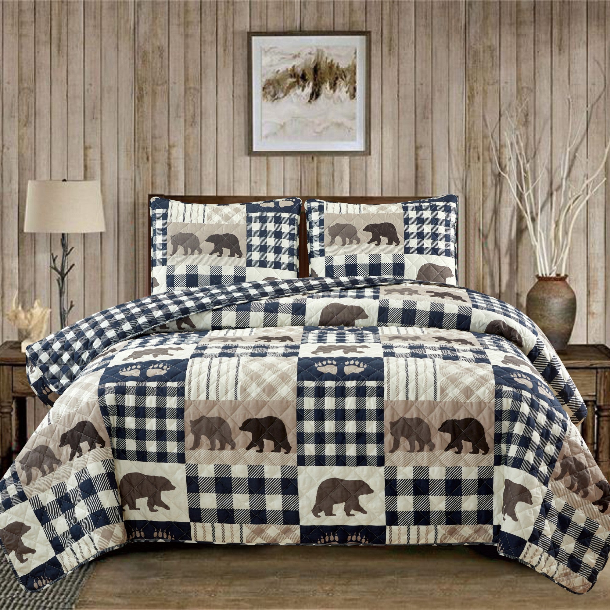 Orson Collection Lodge Quilt Set by Market & Place featuring soft microfiber construction and rustic lodge-inspired patchwork designs with plaid patterns and wildlife motifs. Coordinating shams and detailed fabric close-ups are shown in cozy bedroom settings, highlighting the reversible design and year-round comfort.