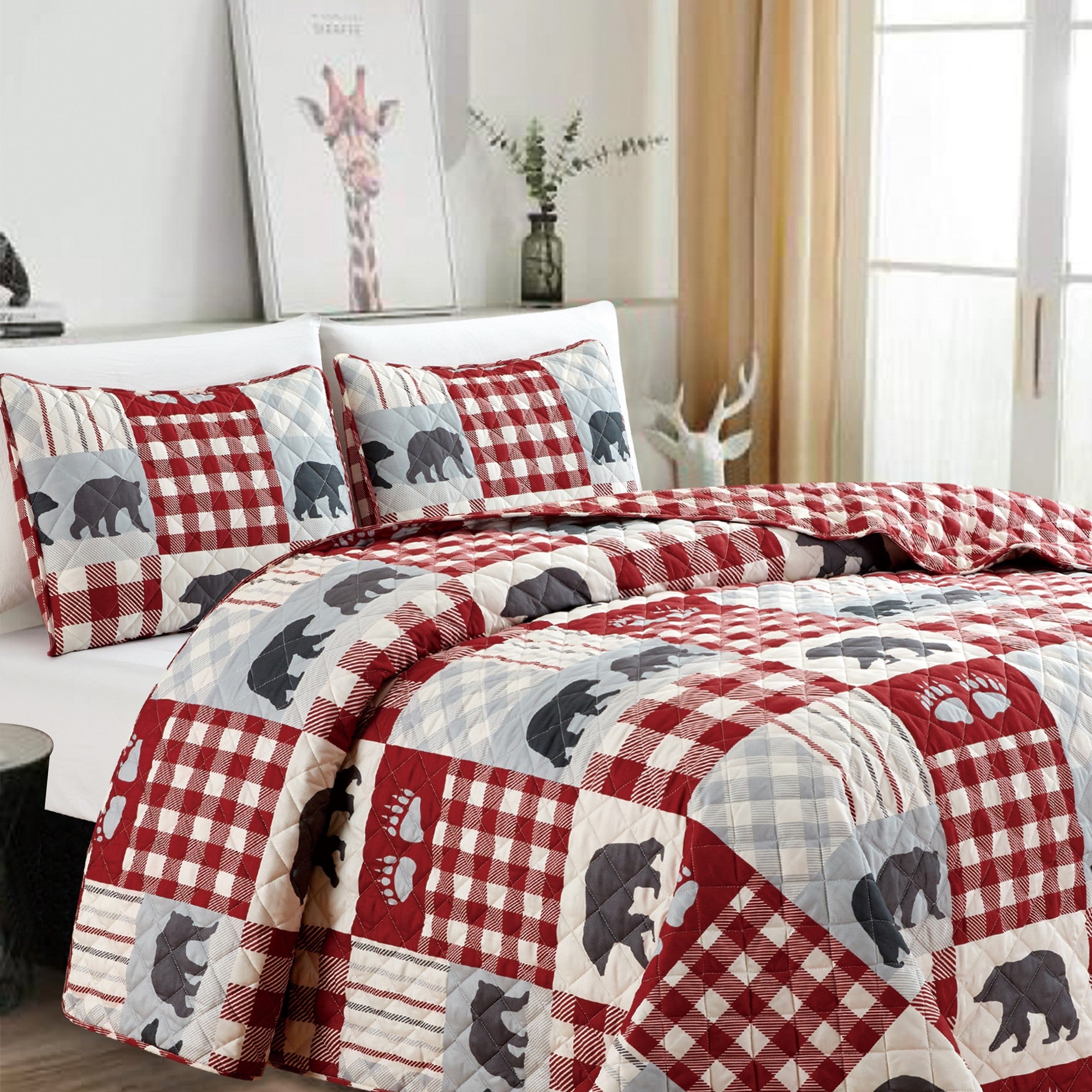 Orson Collection Lodge Quilt Set by Market & Place featuring soft microfiber construction and rustic lodge-inspired patchwork designs with plaid patterns and wildlife motifs. Coordinating shams and detailed fabric close-ups are shown in cozy bedroom settings, highlighting the reversible design and year-round comfort.