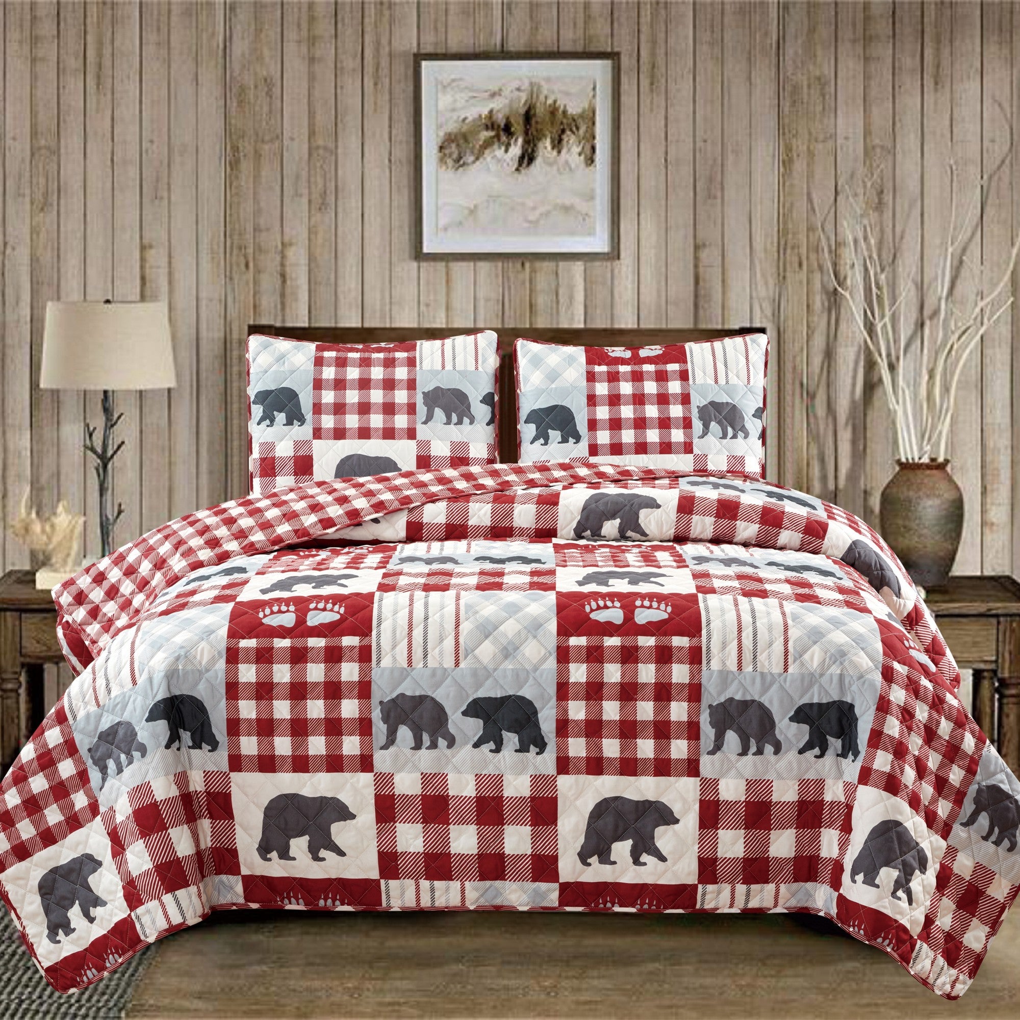 Orson Collection Lodge Quilt Set by Market & Place featuring soft microfiber construction and rustic lodge-inspired patchwork designs with plaid patterns and wildlife motifs. Coordinating shams and detailed fabric close-ups are shown in cozy bedroom settings, highlighting the reversible design and year-round comfort.