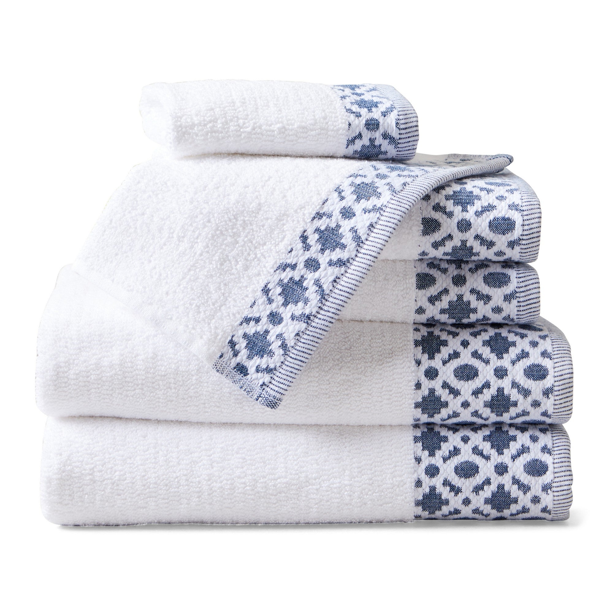 Nitra Collection Cotton Luxury Bath Towels by Market & Place featuring premium 100% cotton construction with an elegant geometric dobby border. Available in multiple colors and set configurations, including bath towels, hand towels, and washcloths, shown folded and stacked to highlight their soft, plush, and absorbent texture.
