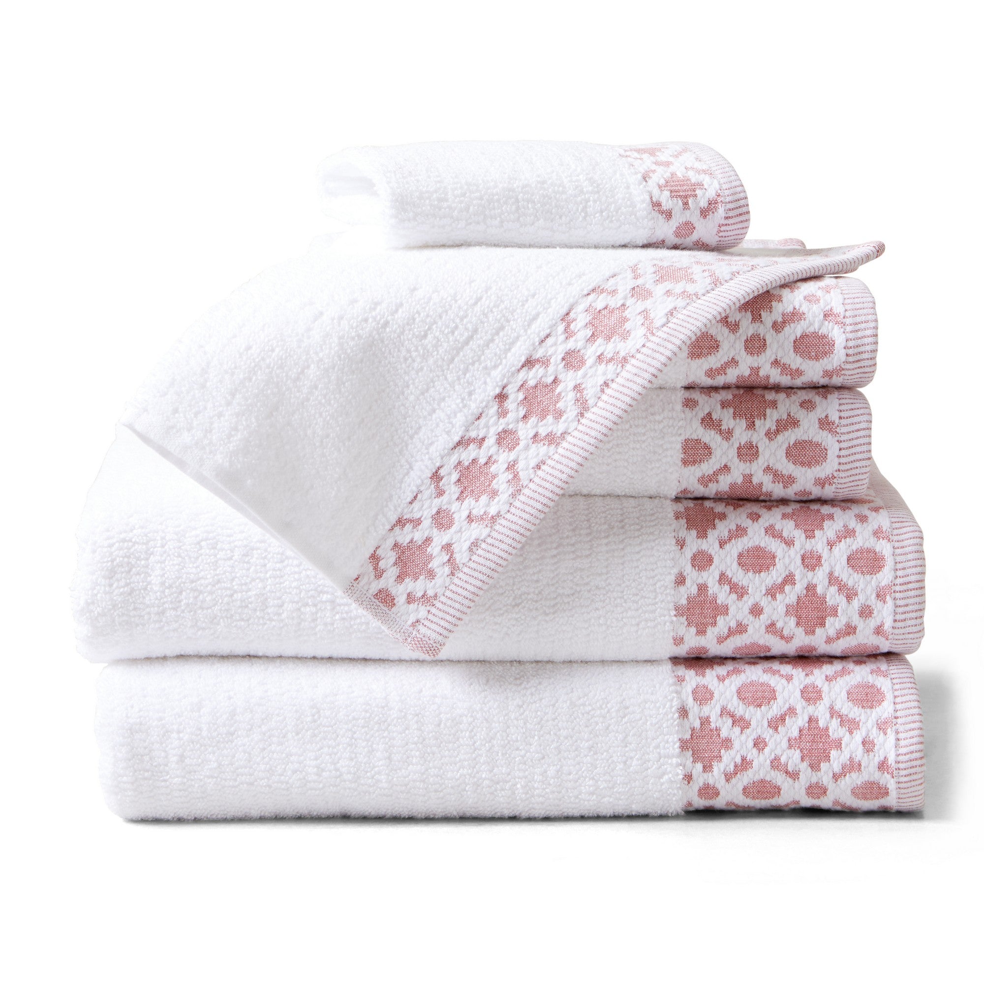 Nitra Collection Cotton Luxury Bath Towels by Market & Place featuring premium 100% cotton construction with an elegant geometric dobby border. Available in multiple colors and set configurations, including bath towels, hand towels, and washcloths, shown folded and stacked to highlight their soft, plush, and absorbent texture.