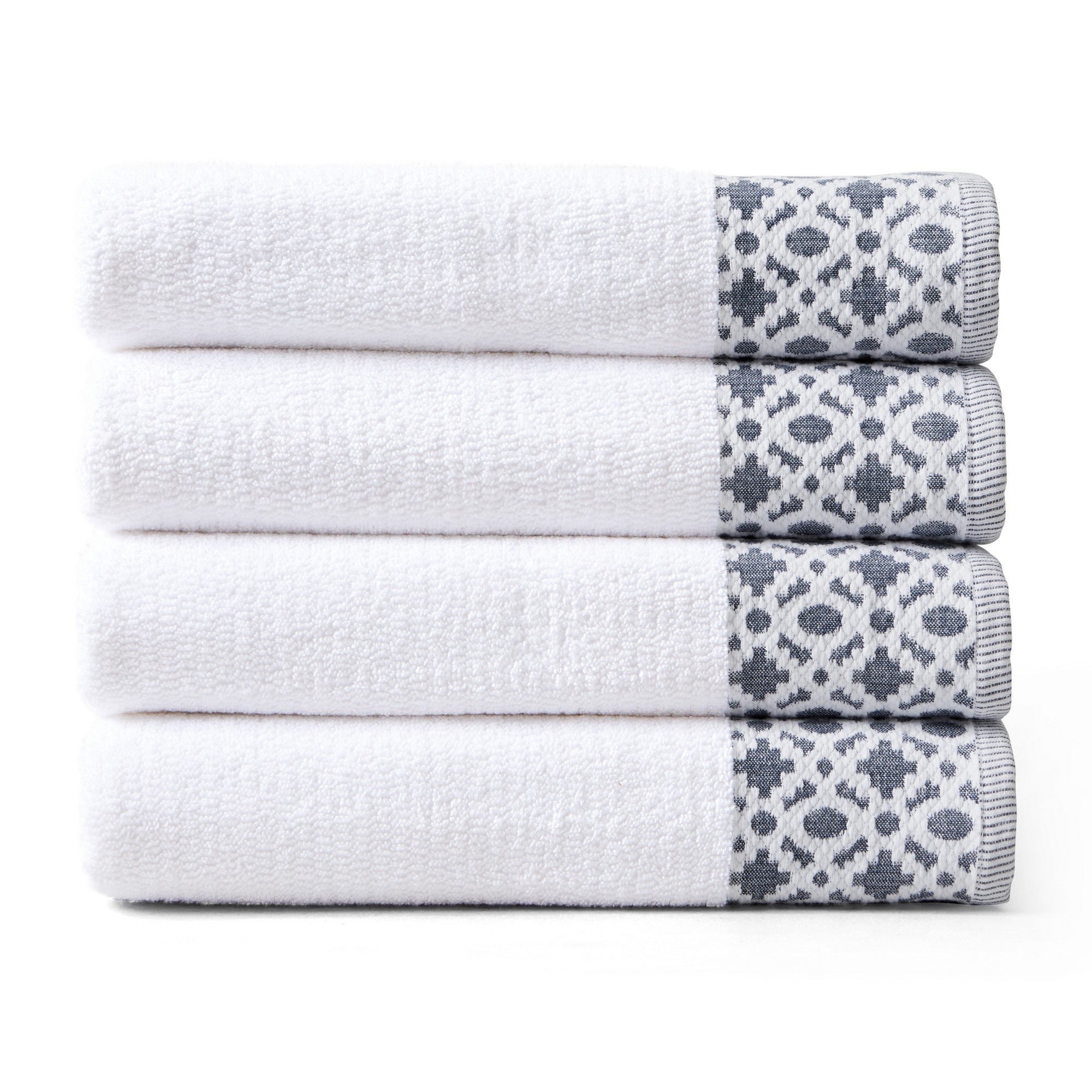 Nitra Collection Cotton Luxury Bath Towels by Market & Place featuring premium 100% cotton construction with an elegant geometric dobby border. Available in multiple colors and set configurations, including bath towels, hand towels, and washcloths, shown folded and stacked to highlight their soft, plush, and absorbent texture.