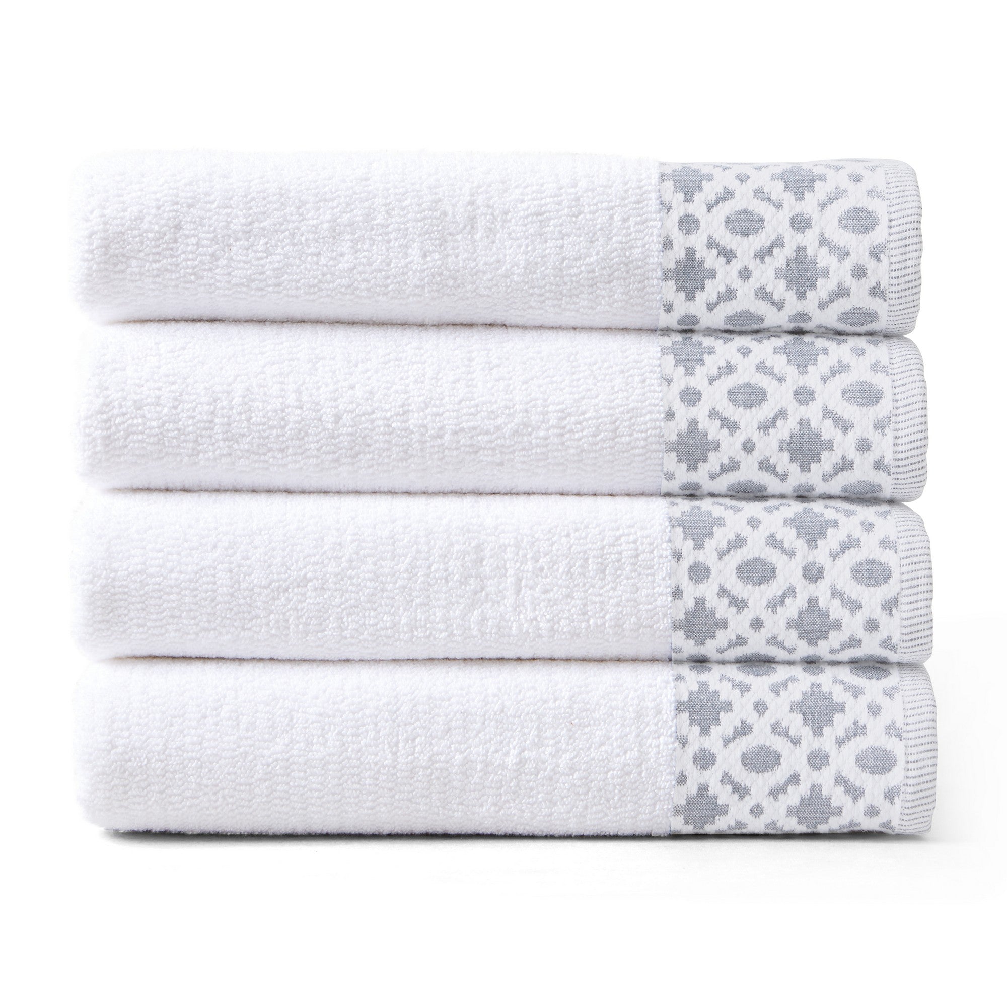 Nitra Collection Cotton Luxury Bath Towels by Market & Place featuring premium 100% cotton construction with an elegant geometric dobby border. Available in multiple colors and set configurations, including bath towels, hand towels, and washcloths, shown folded and stacked to highlight their soft, plush, and absorbent texture.