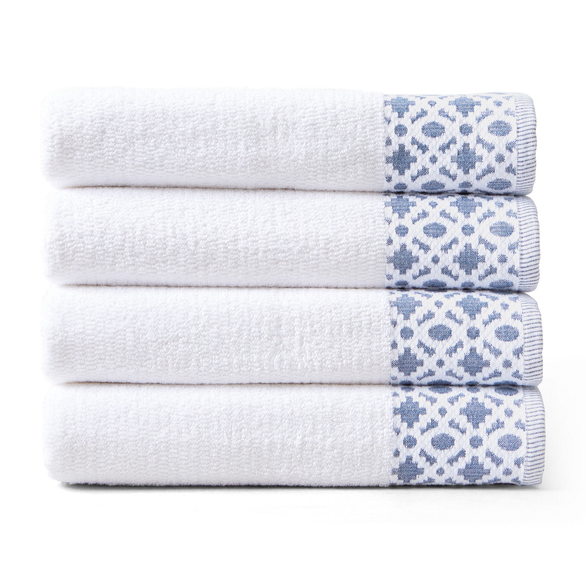 Nitra Collection Cotton Luxury Bath Towels by Market & Place featuring premium 100% cotton construction with an elegant geometric dobby border. Available in multiple colors and set configurations, including bath towels, hand towels, and washcloths, shown folded and stacked to highlight their soft, plush, and absorbent texture.