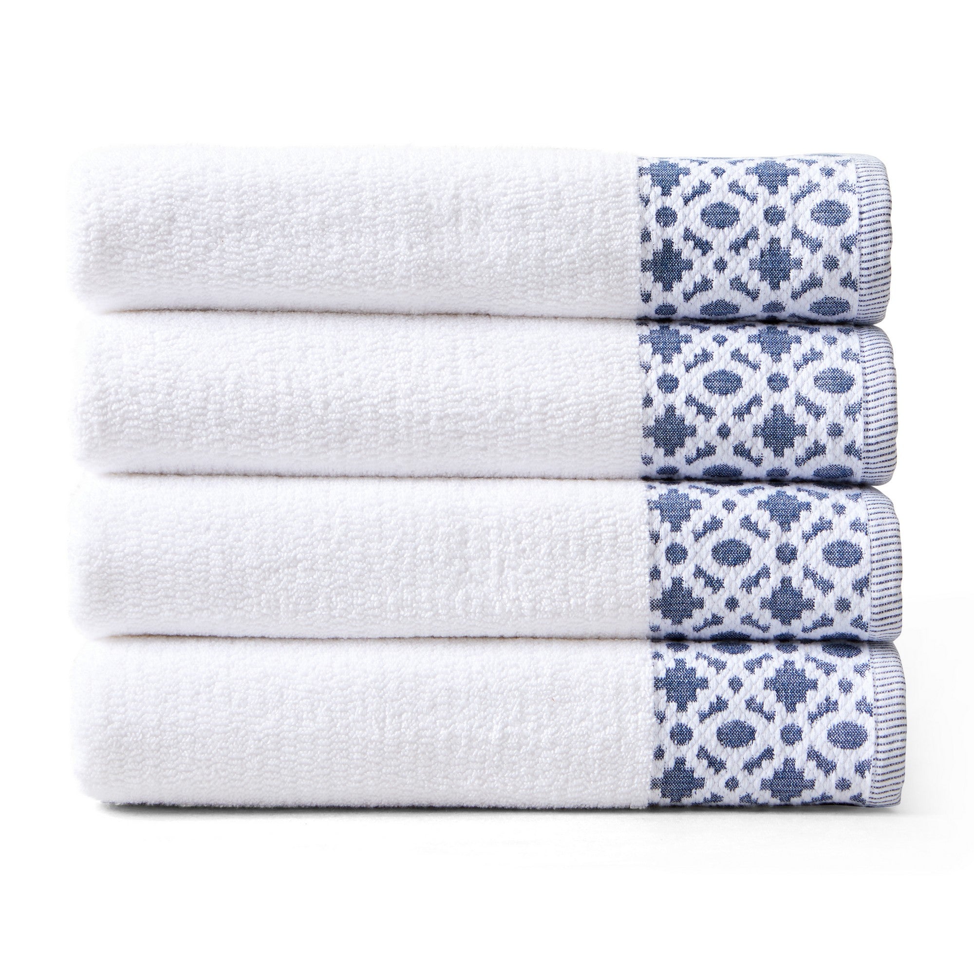 Nitra Collection Cotton Luxury Bath Towels by Market & Place featuring premium 100% cotton construction with an elegant geometric dobby border. Available in multiple colors and set configurations, including bath towels, hand towels, and washcloths, shown folded and stacked to highlight their soft, plush, and absorbent texture.