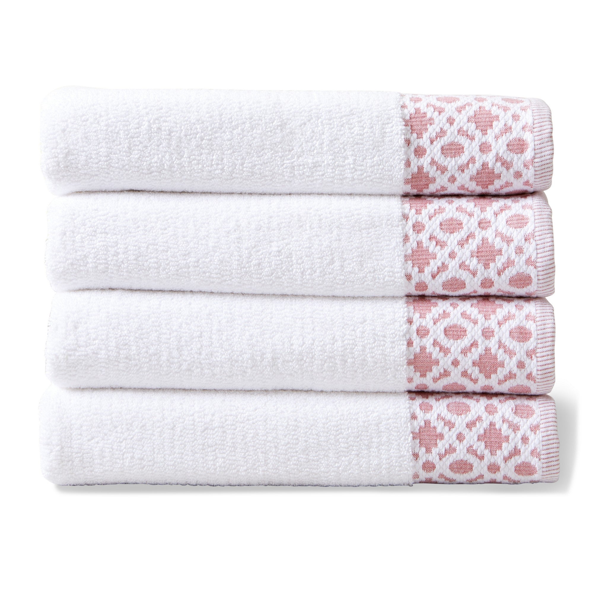 Nitra Collection Cotton Luxury Bath Towels by Market & Place featuring premium 100% cotton construction with an elegant geometric dobby border. Available in multiple colors and set configurations, including bath towels, hand towels, and washcloths, shown folded and stacked to highlight their soft, plush, and absorbent texture.