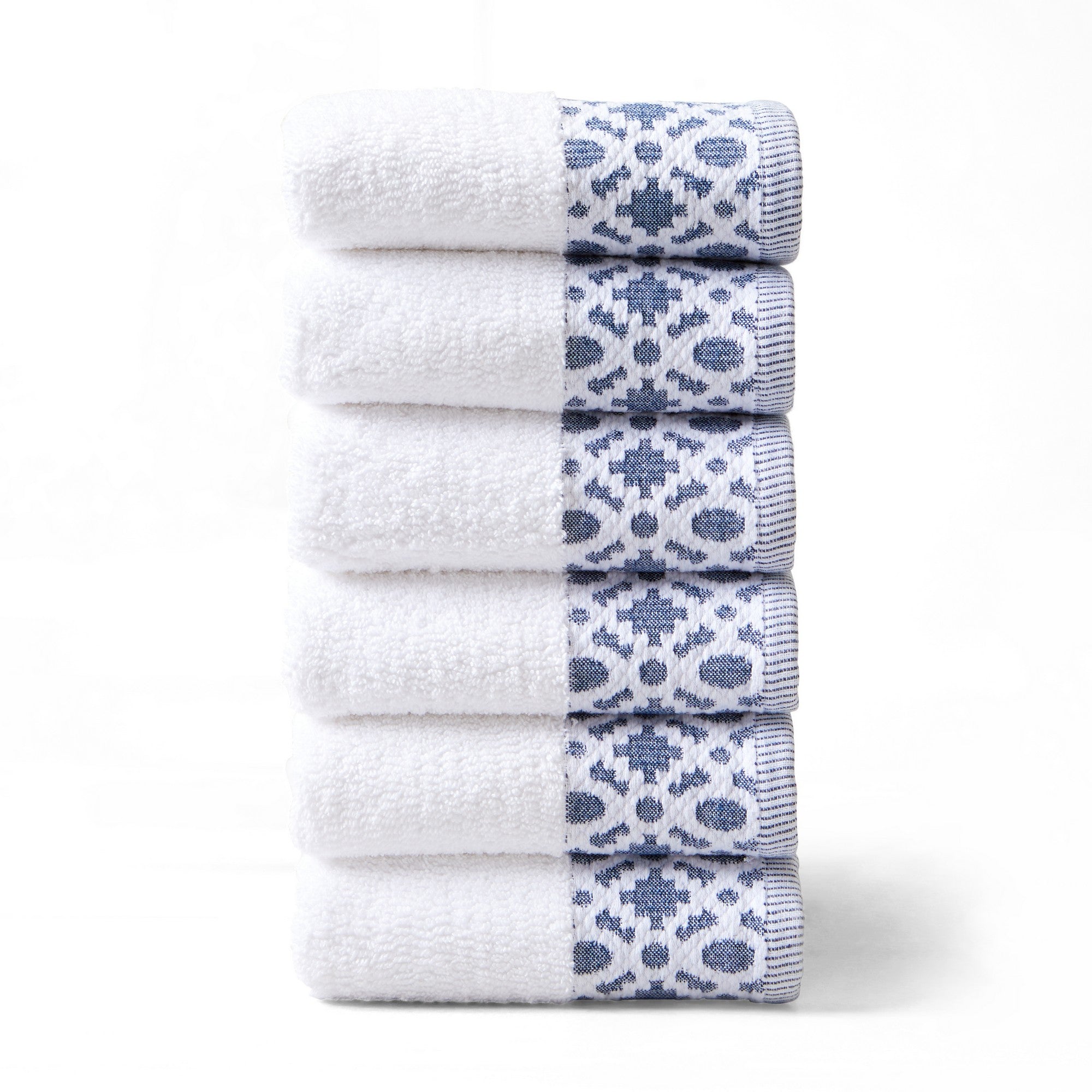 Nitra Collection Cotton Luxury Bath Towels by Market & Place featuring premium 100% cotton construction with an elegant geometric dobby border. Available in multiple colors and set configurations, including bath towels, hand towels, and washcloths, shown folded and stacked to highlight their soft, plush, and absorbent texture.