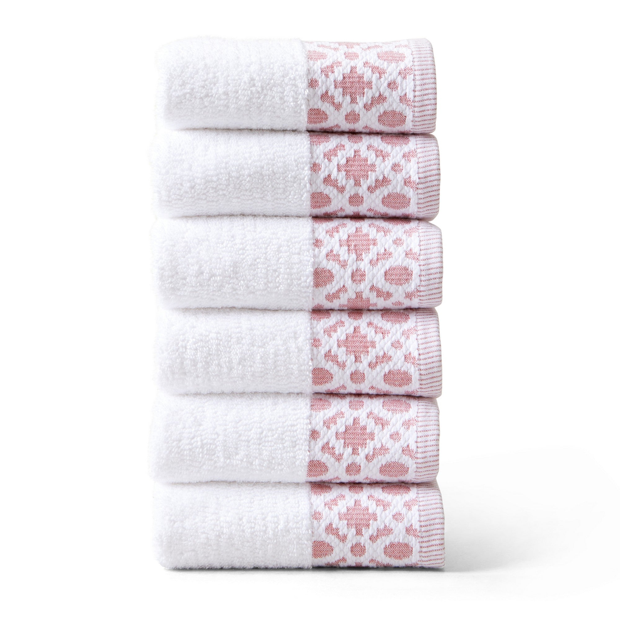 Nitra Collection Cotton Luxury Bath Towels by Market & Place featuring premium 100% cotton construction with an elegant geometric dobby border. Available in multiple colors and set configurations, including bath towels, hand towels, and washcloths, shown folded and stacked to highlight their soft, plush, and absorbent texture.