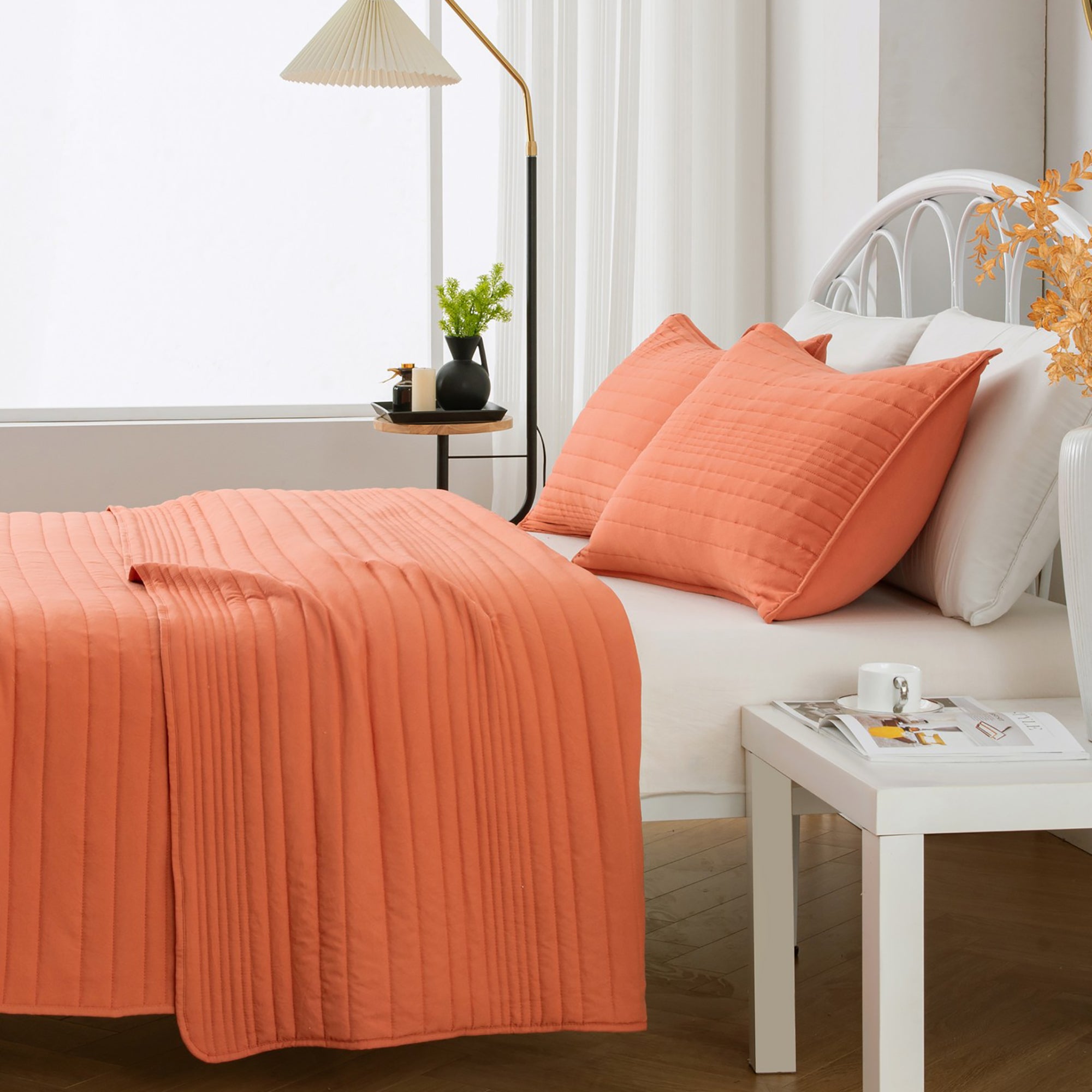 Parker Collection Solid Embroidered Quilt Set by Market & Place featuring soft microfiber construction and elegant channel embroidery. Available in multiple colors with coordinating shams and detailed fabric close-ups, styled in a modern bedroom setting.