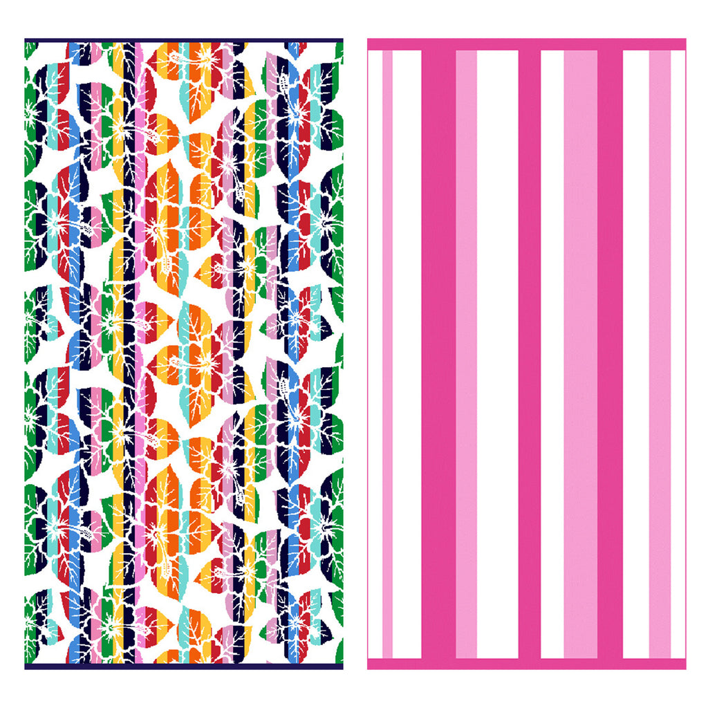 100% cotton velour beach towel featuring a colorful jacquard design, displayed on a wooden deck. Soft, absorbent, and durable, perfect for beach days, poolside lounging, and summer travel.