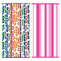 100% cotton velour beach towel featuring a colorful jacquard design, displayed on a wooden deck. Soft, absorbent, and durable, perfect for beach days, poolside lounging, and summer travel.