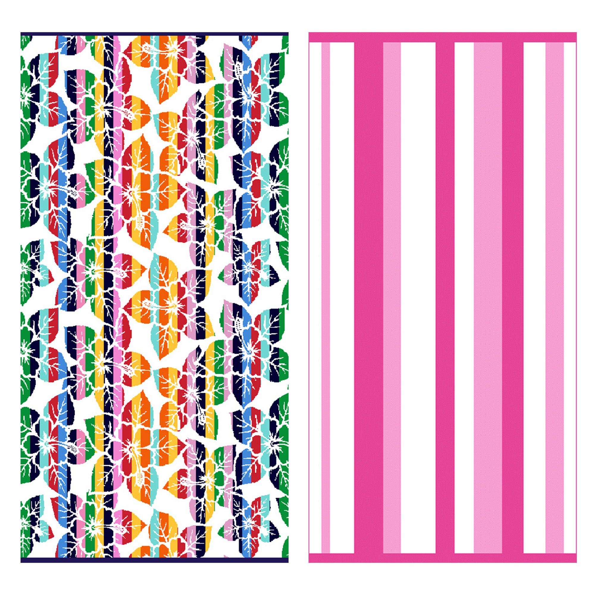 100% cotton velour beach towel featuring a colorful jacquard design, displayed on a wooden deck. Soft, absorbent, and durable, perfect for beach days, poolside lounging, and summer travel.